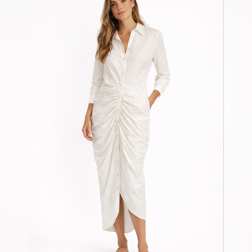 Veronica Beard Capella Ruched Shirt Dress White Cotton Button Front Midi Sz 8